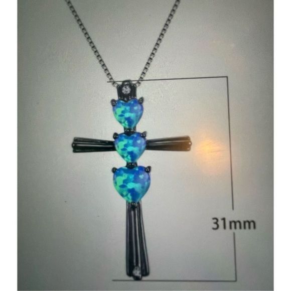 BLUE OPAL HEARTS ON STERLING SILVER CROSS NECKLACE - Picture 3 of 3